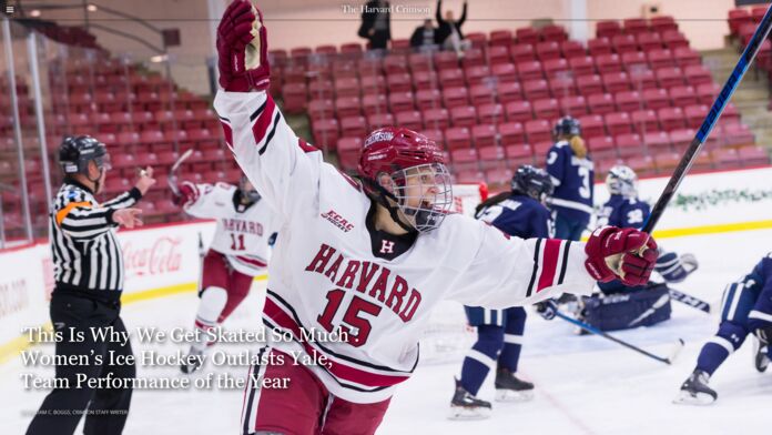 Harvard Crimson article featuring Ben Vreeland's photo of a Harvard player celebrating a game-winning triple-overtime goal