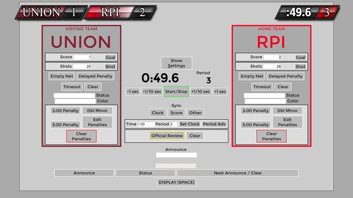 Screenshot of the 'RPI TV Scoreboard' user interface